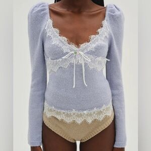 For Love & Lemons ROSALEEN KNIT SWEATER with White Lace Trim - Brand New - Small
